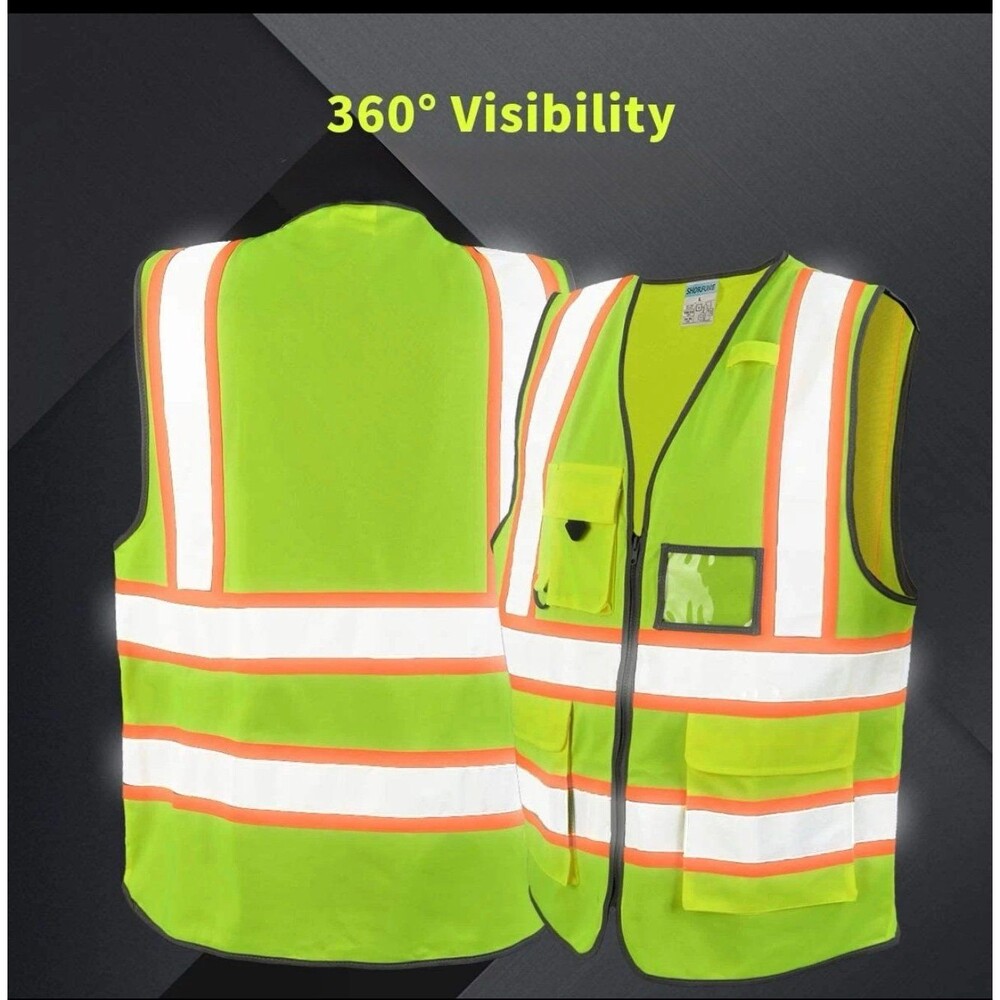 High Visibility Safety Vest with Pockets, Mic Tab, Reflective Strips Large